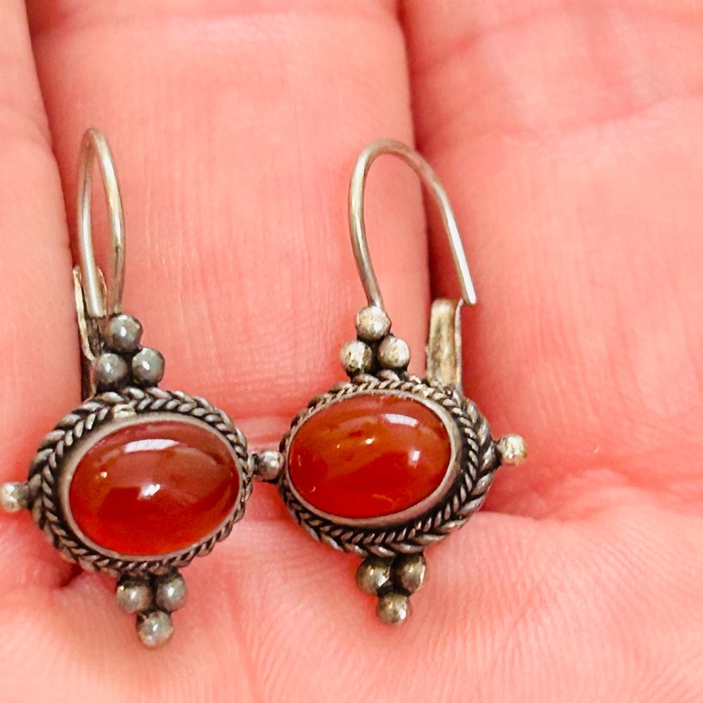 Vintage 925 Sterling Silver Dangle Earrings, Red Cabochon Stone